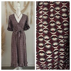 Max Studio scarf pattern maxi dress crepe wrap style maroon cream black medium